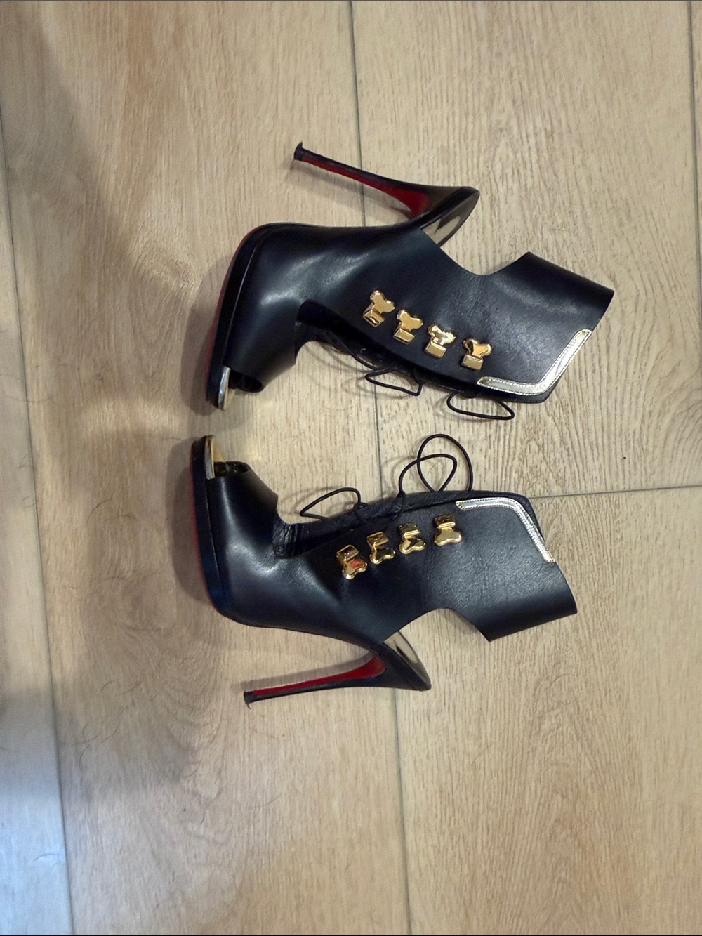 Christian Louboutin Black and Gold Open-Toe Lace-Up Booties - Picture 4 of 6
